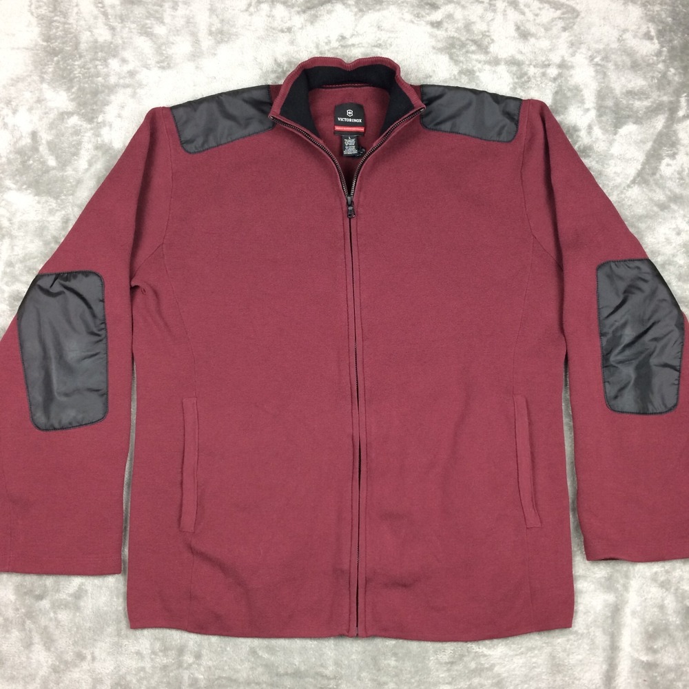 Victorinox Sweater Mens Large Full Zip Burgundy Elbow Patches Cotton Blend